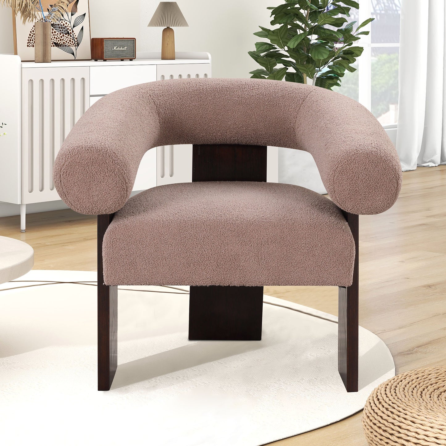 The Curved Wishbone Frame Accent Chair Teddy Velvet, Light Brown