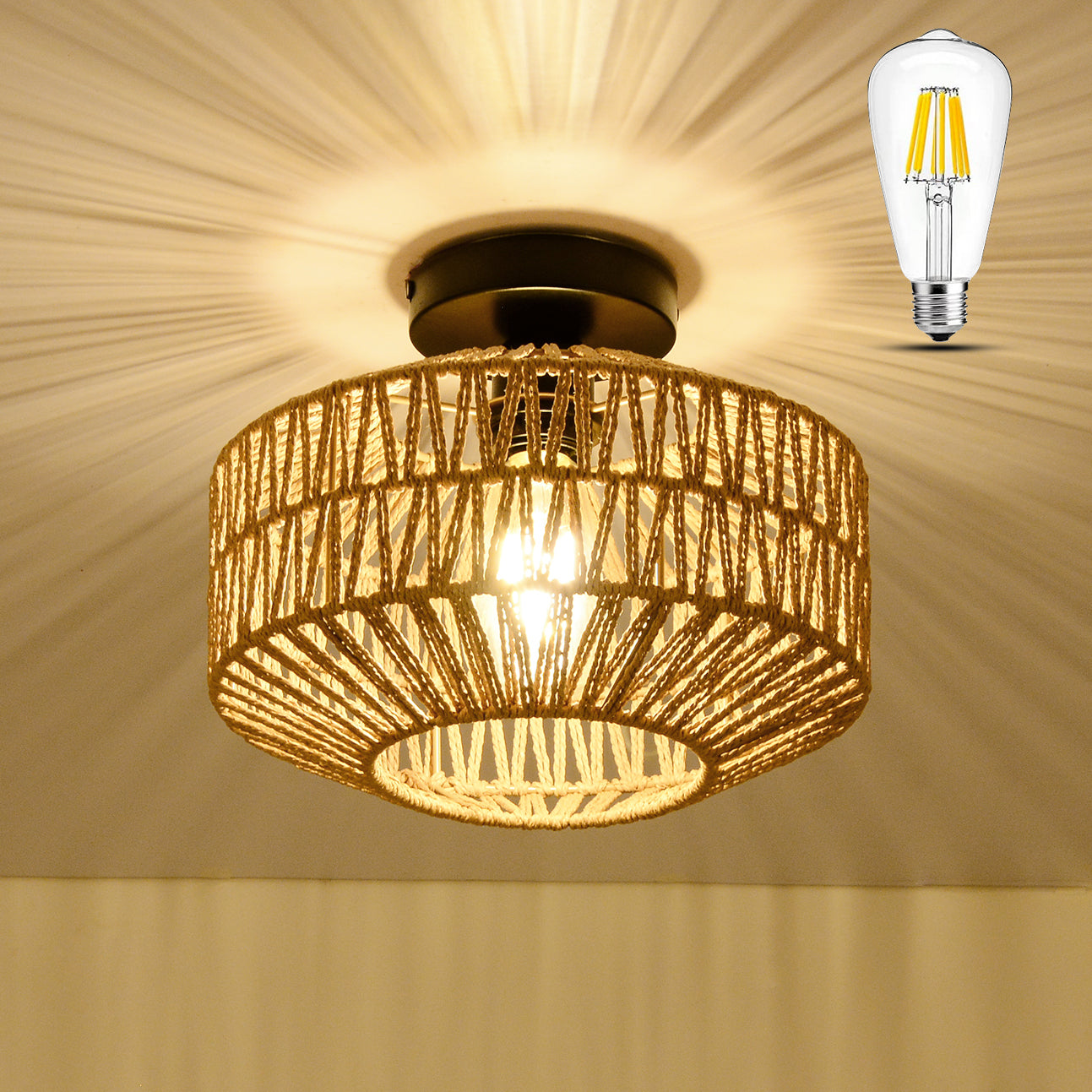 Mini Rattan Flush Mount  Light with Dimmable LED Bulb