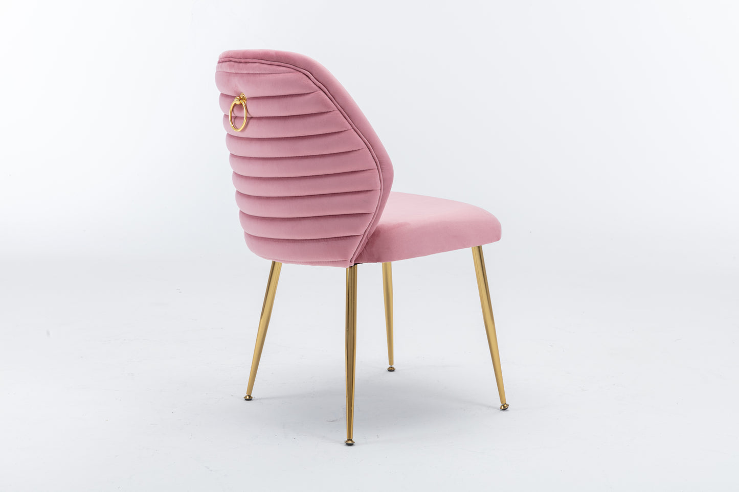 Dining Chair Set of 2, Woven Velvet Upholstered Side Chairs with Barrel Backrest and Gold Metal Legs, Pink