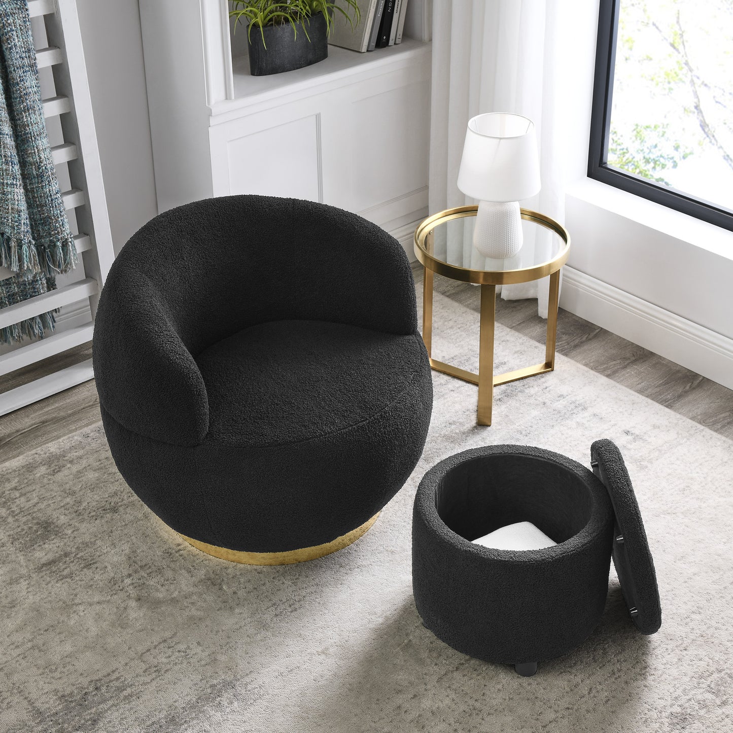 Swviel Barrel Chair with Gold Stainless Steel Base, with Storage Ottoman, Teddy Fabric, Black