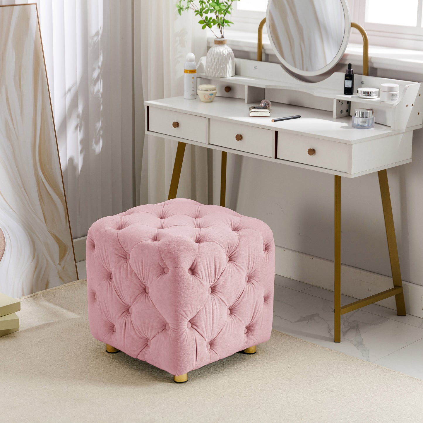 Pink Modern Velvet Upholstered Ottoman