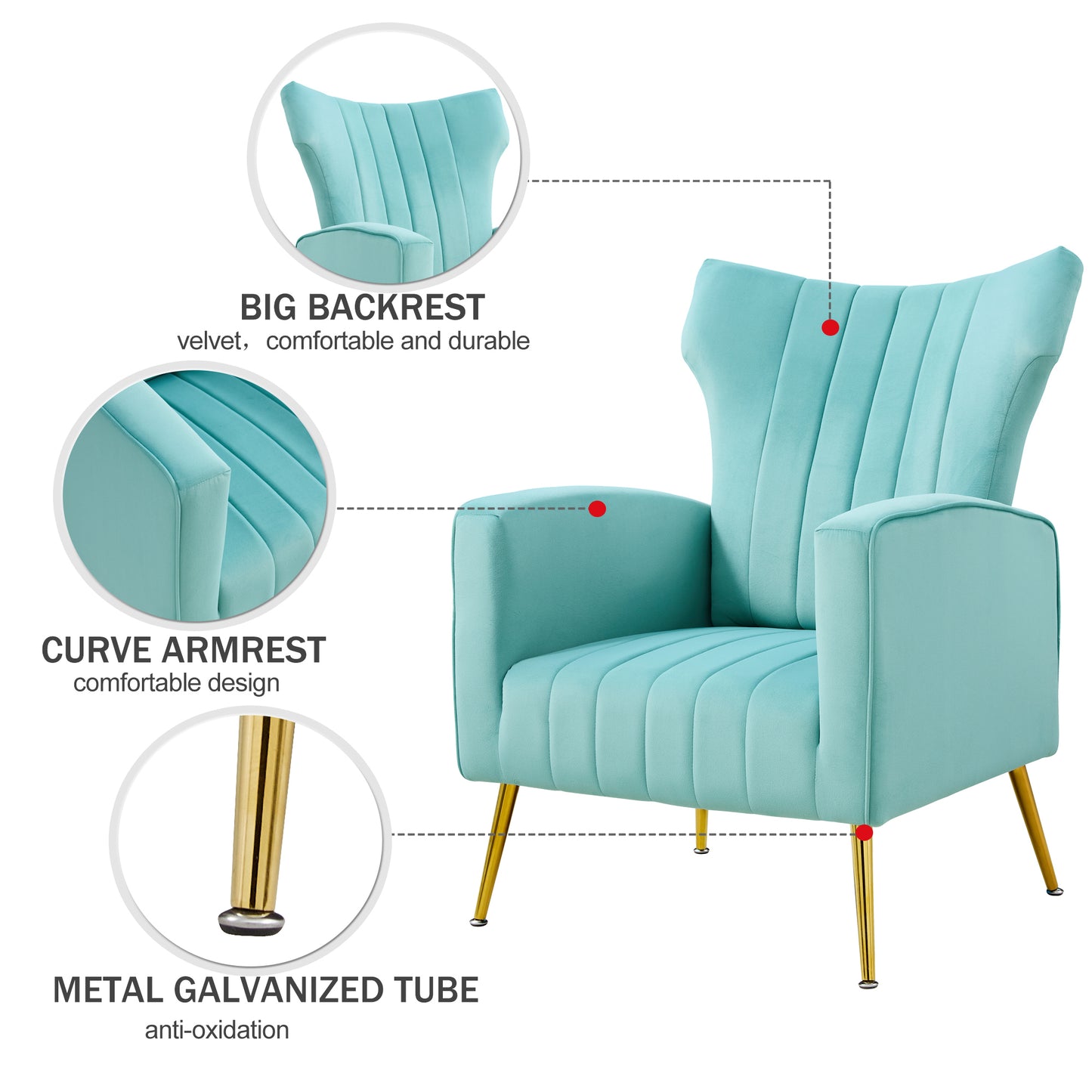 Modern Velvet Accent Chair with Arms, Wingback Reading Chair with Gold Metal Legs