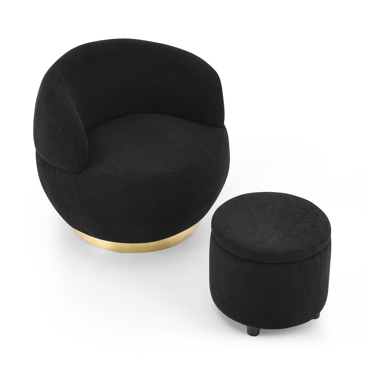 Swviel Barrel Chair with Gold Stainless Steel Base, with Storage Ottoman, Teddy Fabric, Black