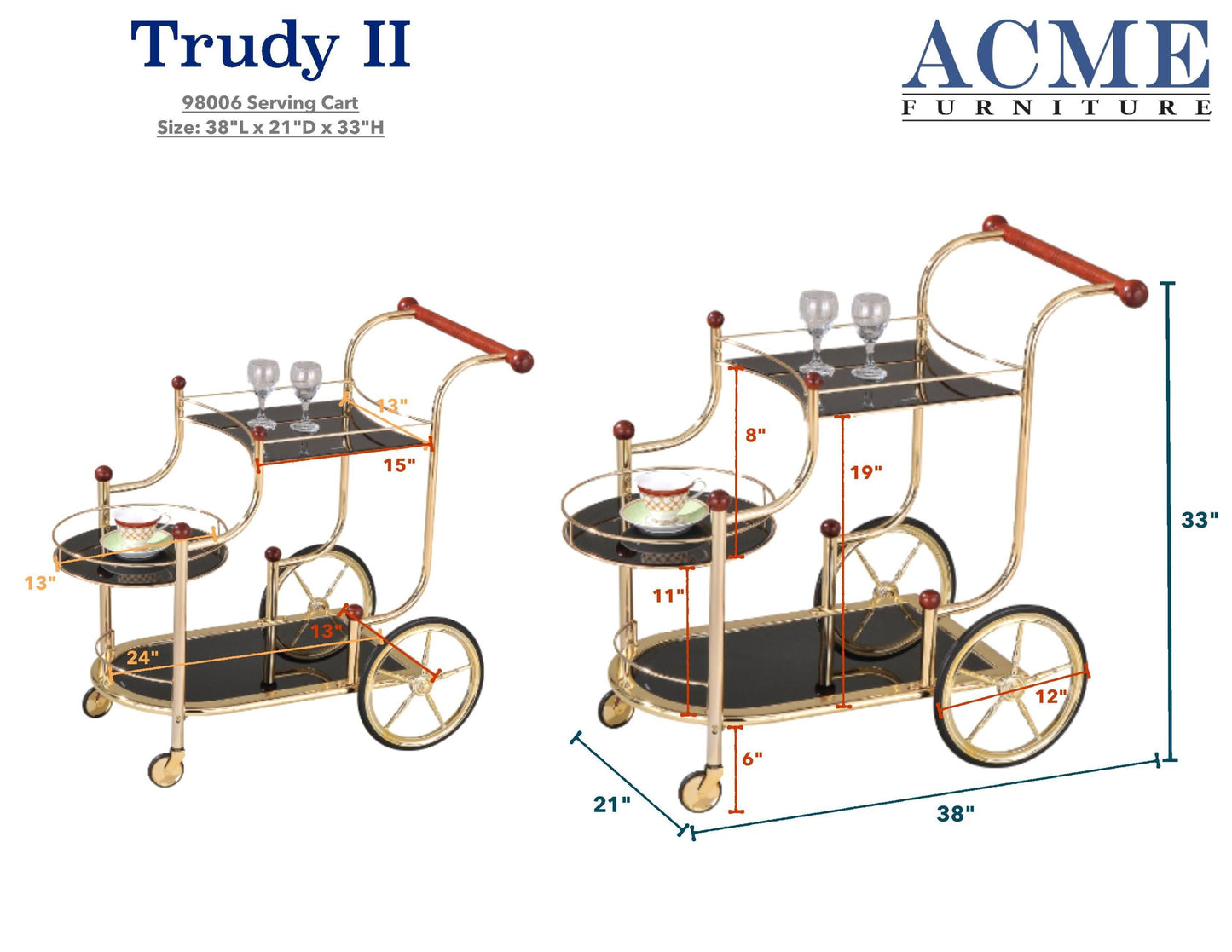 ACME Lacy Serving Cart, Gold Plated, Cherry Wood & Black Glass 98006