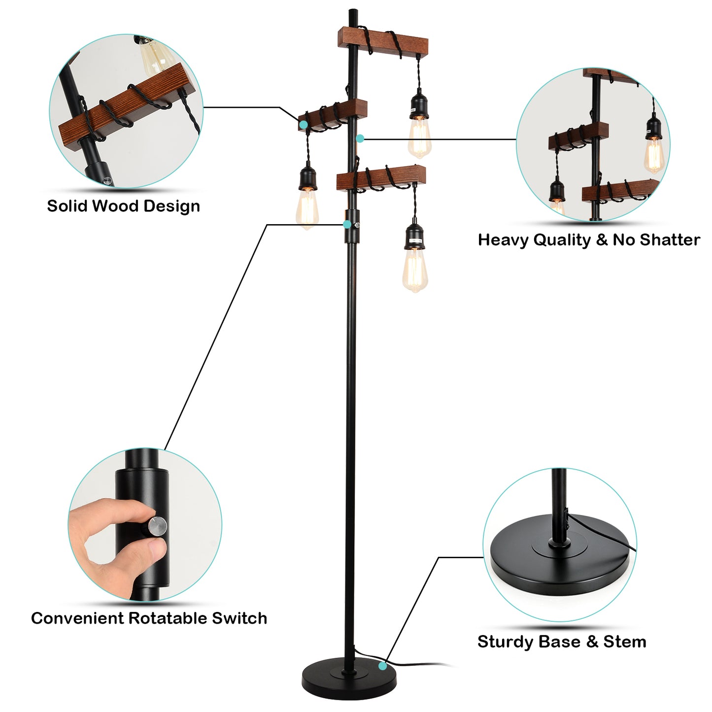 Farmhouse Tree Floor Lamp, 68 Inch 3 Lights Wood Standing Lamp