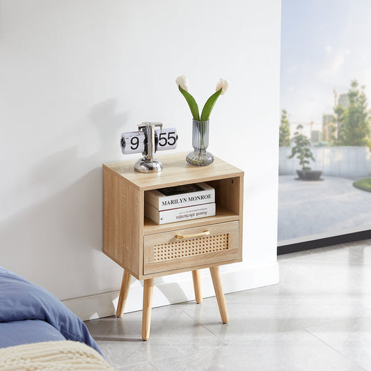 15.75" Rattan End table with  drawer and solid wood legs, Modern nightstand, side table