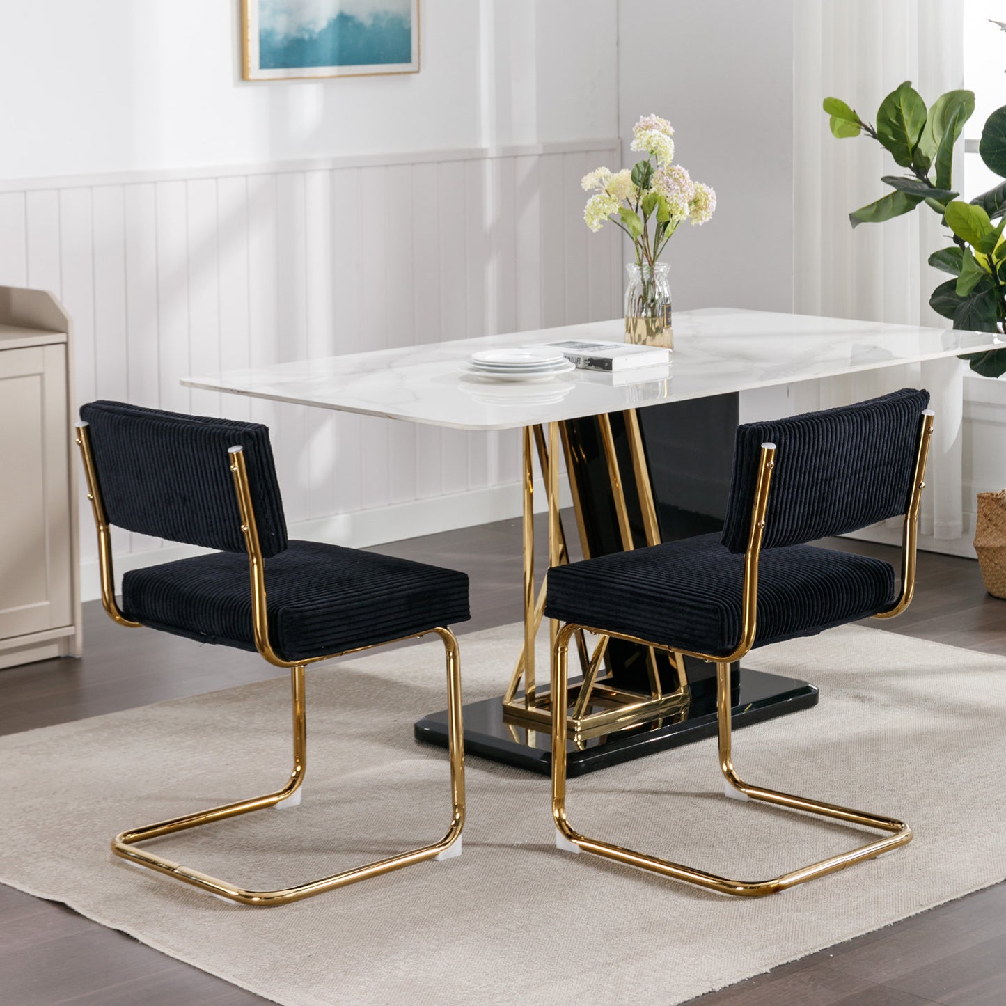 Dining Chairs with Corduroy Fabric, Gold Metal Base, Kitchen Chairs-Set of 2, Black