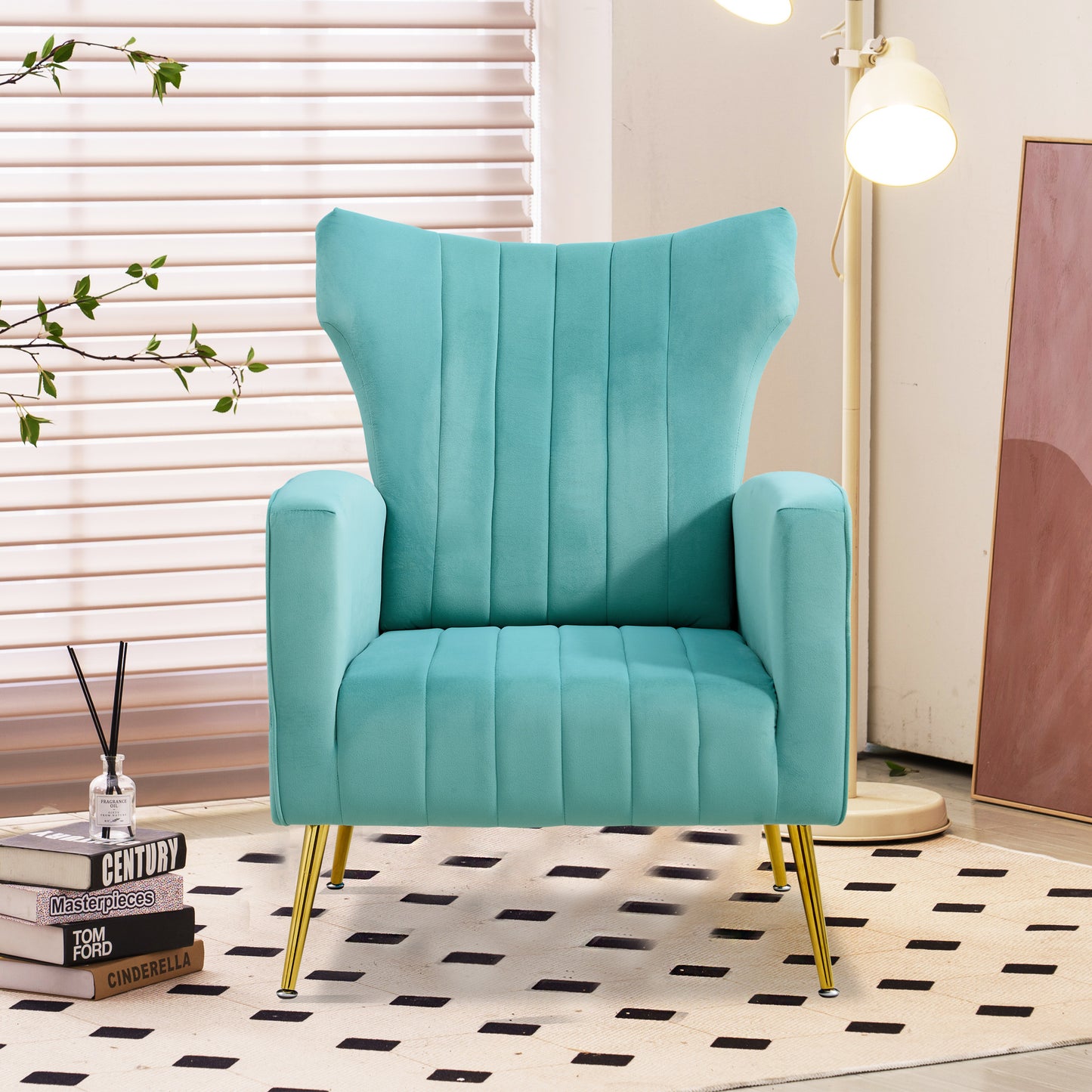 Modern Velvet Accent Chair with Arms, Wingback Reading Chair with Gold Metal Legs