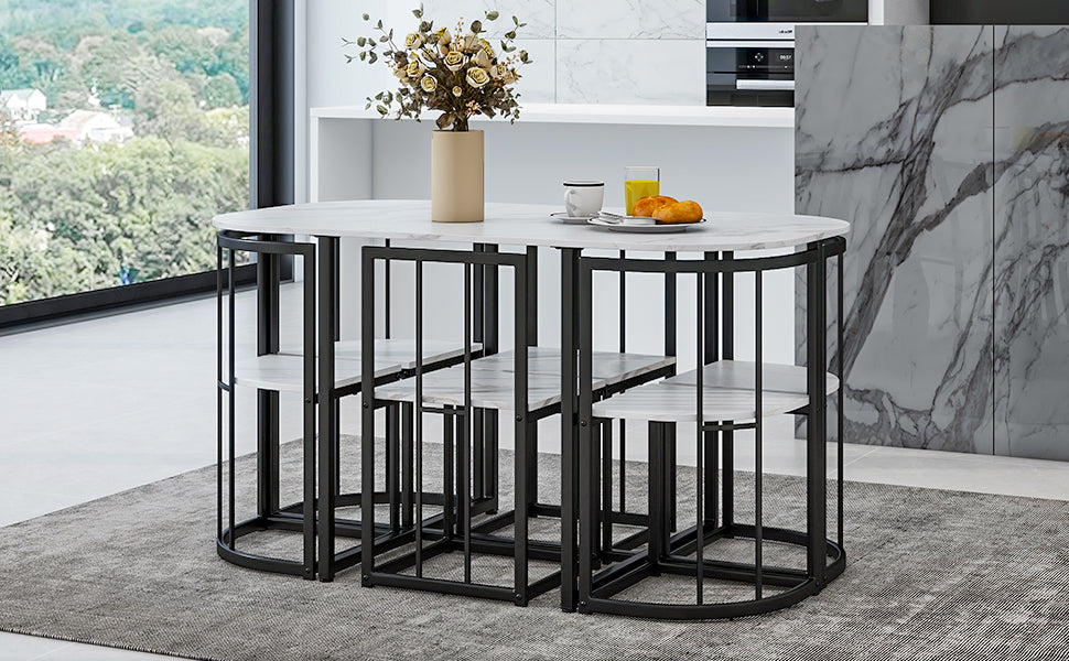 Modern 7-Piece Dining Table Set with Faux Marble Compact 55Inch Kitchen Table Set for 6, Black+White