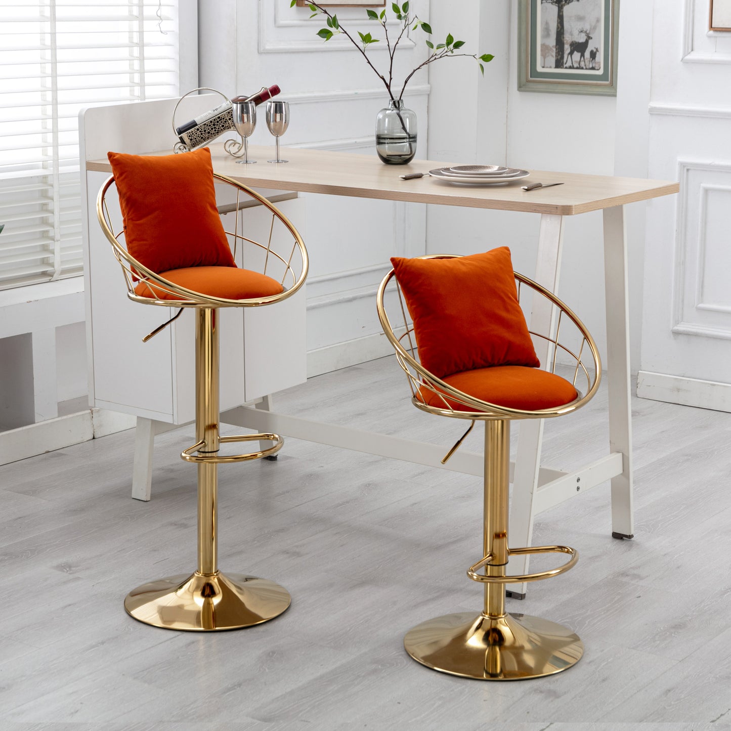 Orange velvet bar chair, pure gold plated