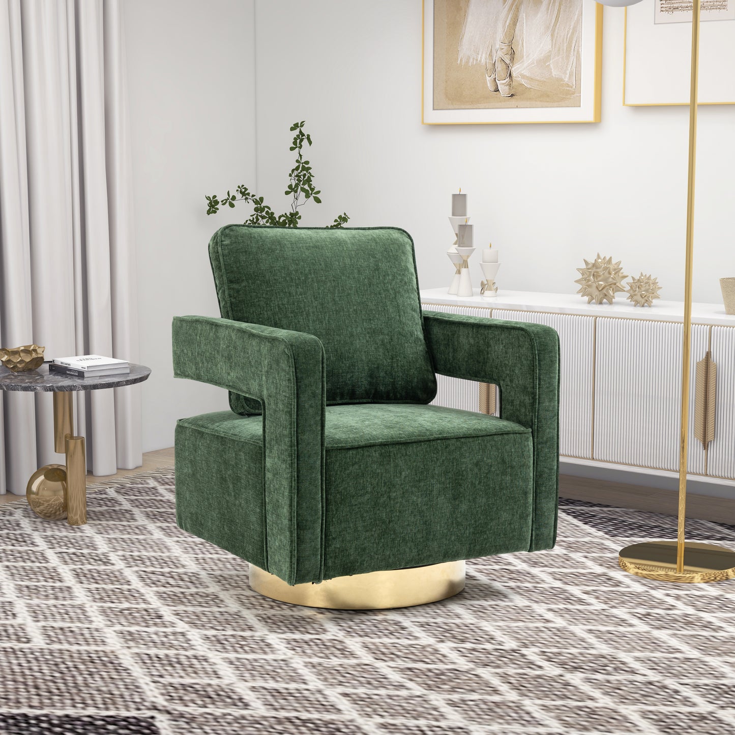 30.7"W Swivel Accent Open Back Chair Modern Comfy Sofa Chair With Gold Stainless Steel Base  (Green Chenille)