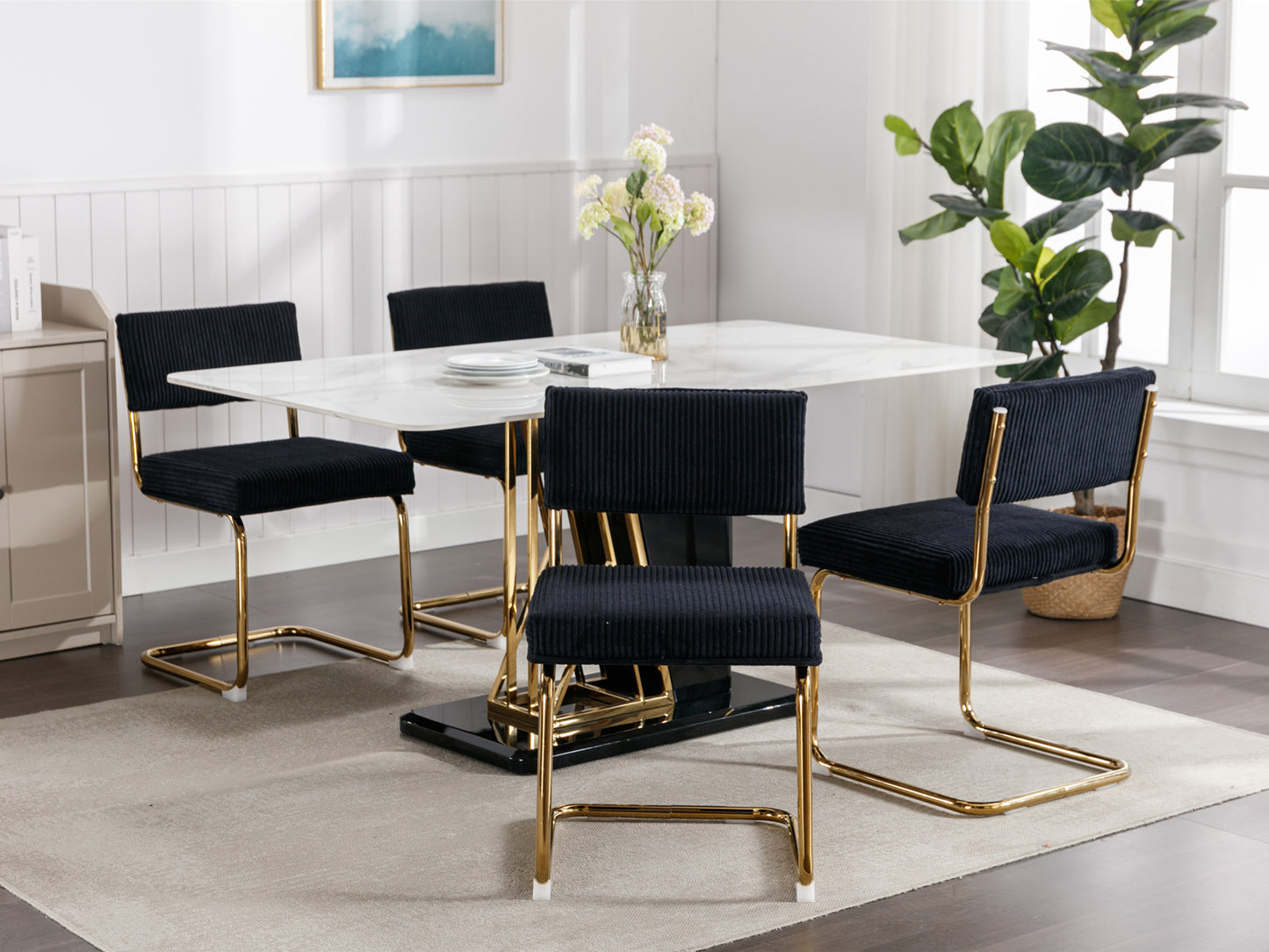 Dining Chairs with Corduroy Fabric, Gold Metal Base, Kitchen Chairs-Set of 2, Black