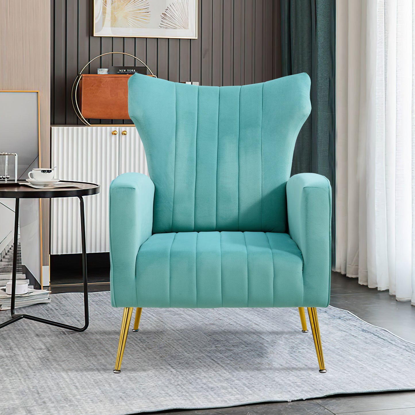 Modern Velvet Accent Chair with Arms, Wingback Reading Chair with Gold Metal Legs