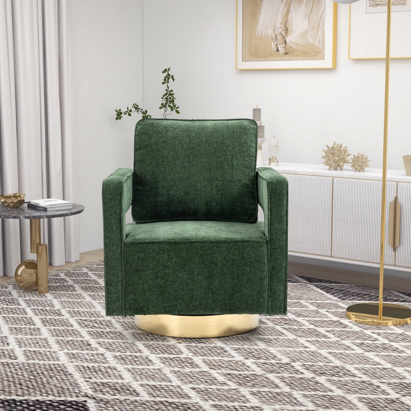 30.7"W Swivel Accent Open Back Chair Modern Comfy Sofa Chair With Gold Stainless Steel Base  (Green Chenille)