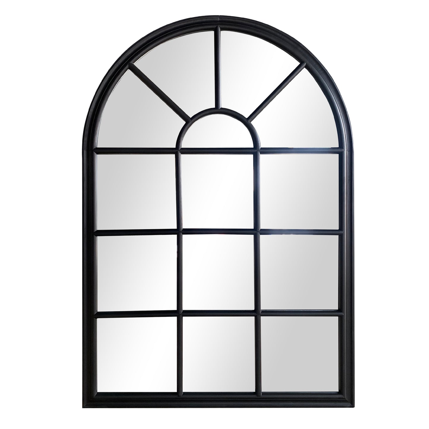 52 Inch Wood Wall Hanging Mirror, Window Pane Design, Arched Top, Black