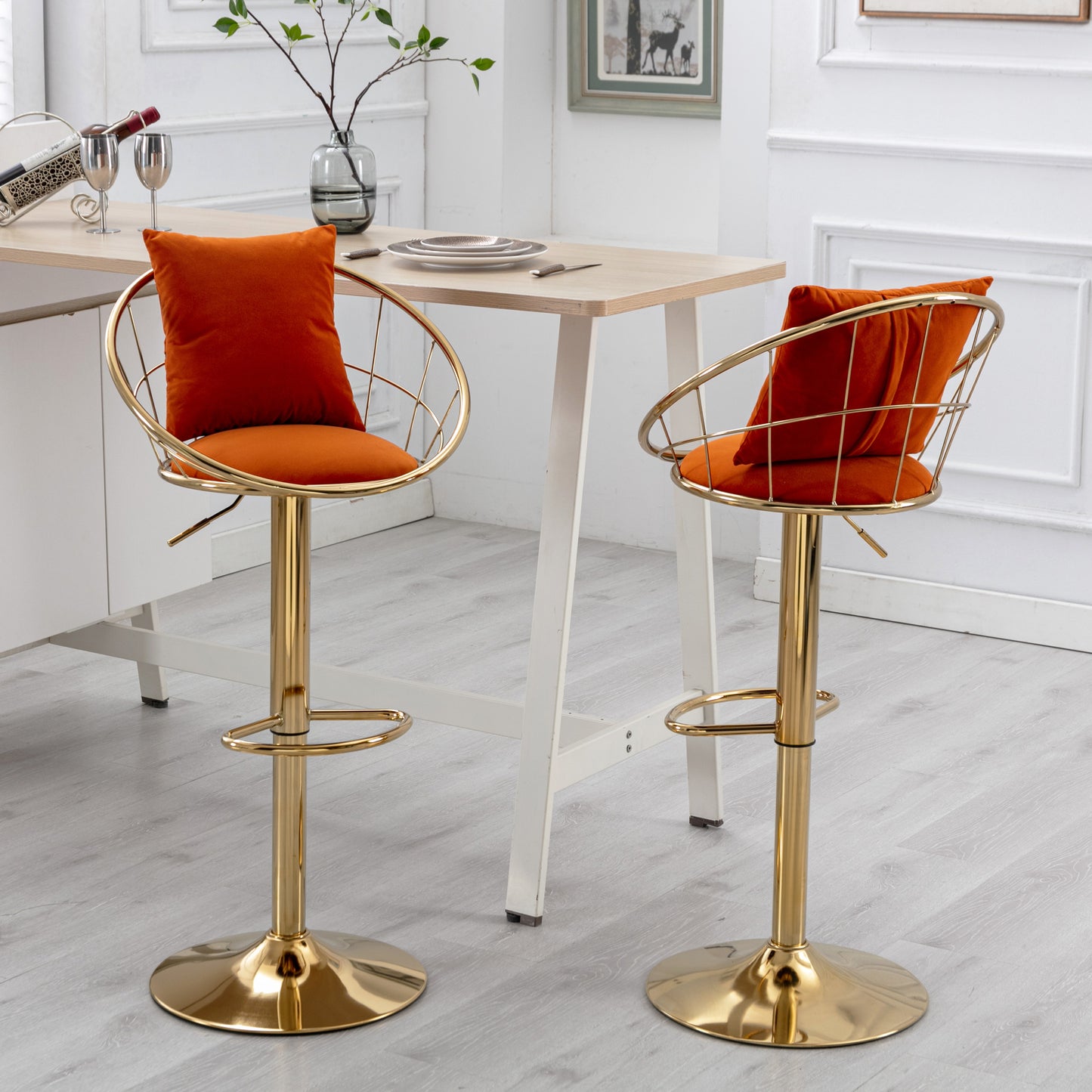 Orange velvet bar chair, pure gold plated