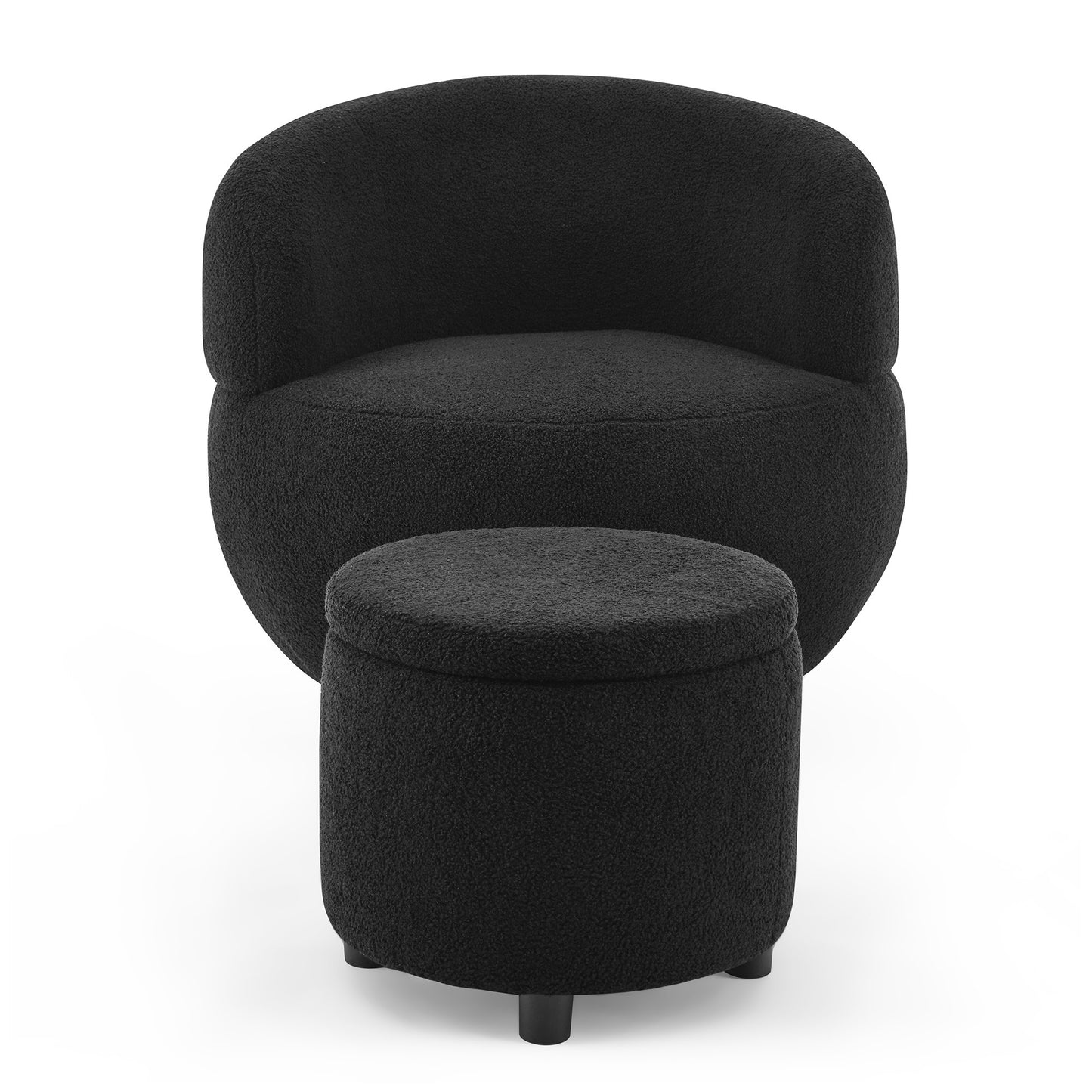 Swviel Barrel Chair with Gold Stainless Steel Base, with Storage Ottoman, Teddy Fabric, Black