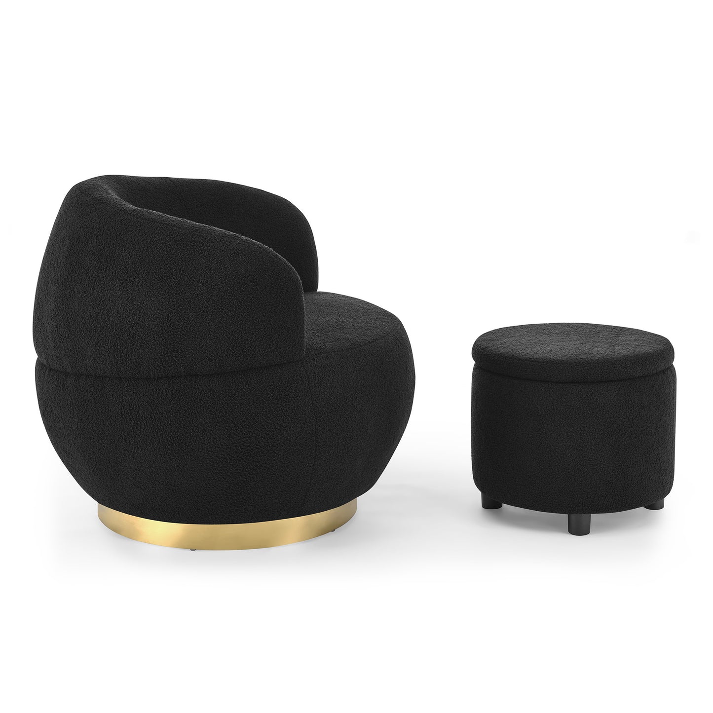 Swviel Barrel Chair with Gold Stainless Steel Base, with Storage Ottoman, Teddy Fabric, Black