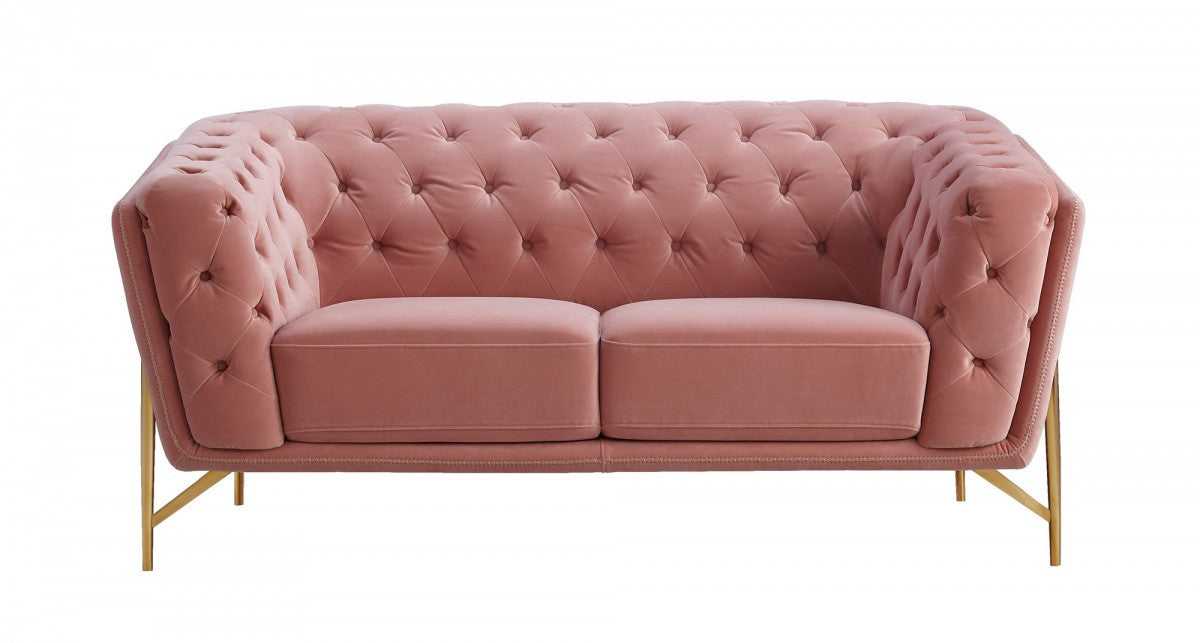 Stylish Pink Velvet  Loveseat With Diamond Tufts-0