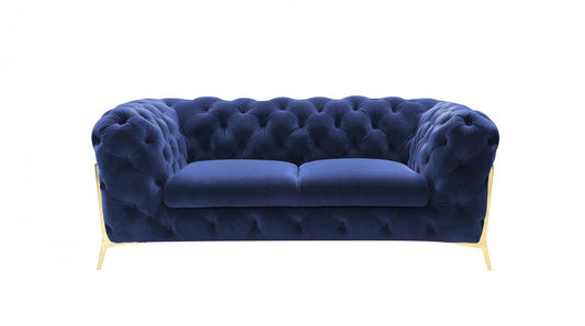 Contemporary 74" Blue Velvet And Gold Loveseat-0