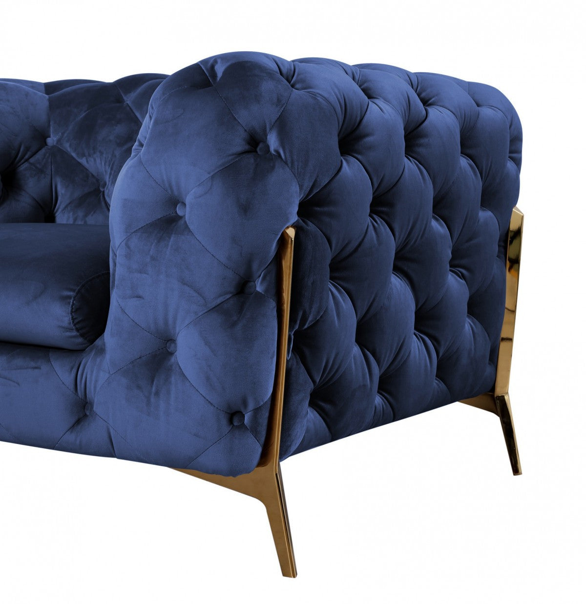 Contemporary 74" Blue Velvet And Gold Loveseat-1