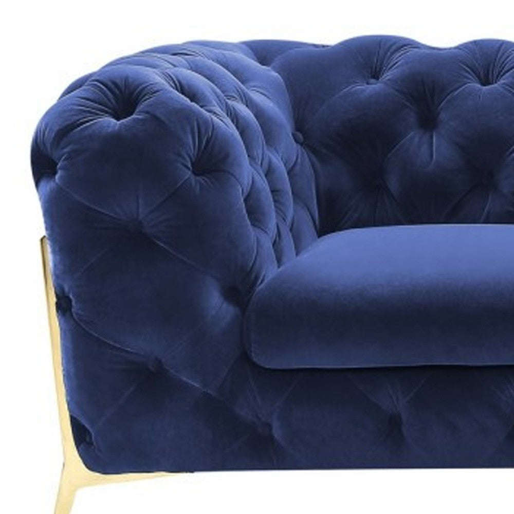 Contemporary 74" Blue Velvet And Gold Loveseat-3