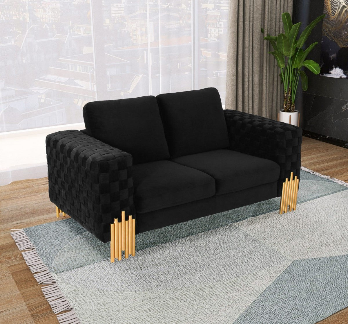 Stylish 69" Black Velvet And Gold Accent Loveseat-0