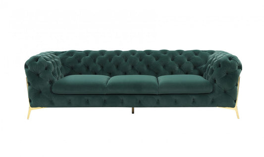 Glam 97" Green Velvet And Gold Accent Sofa-0