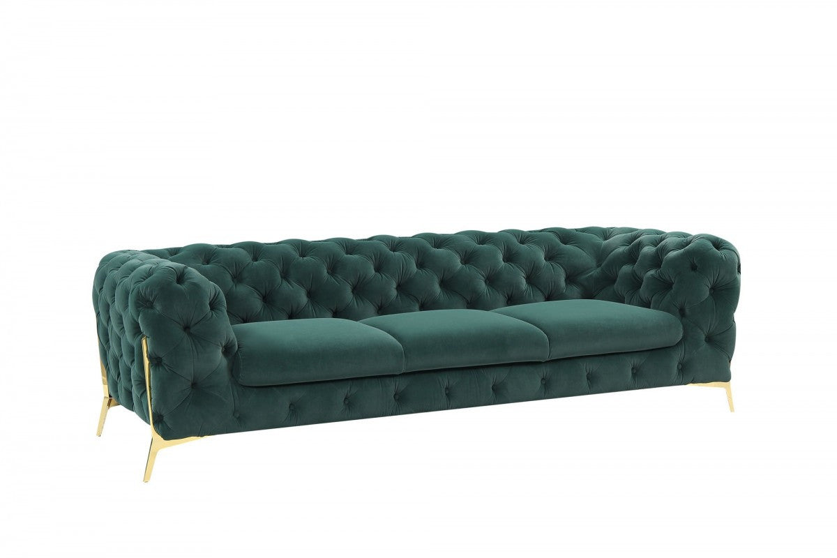 Glam 97" Green Velvet And Gold Accent Sofa-1