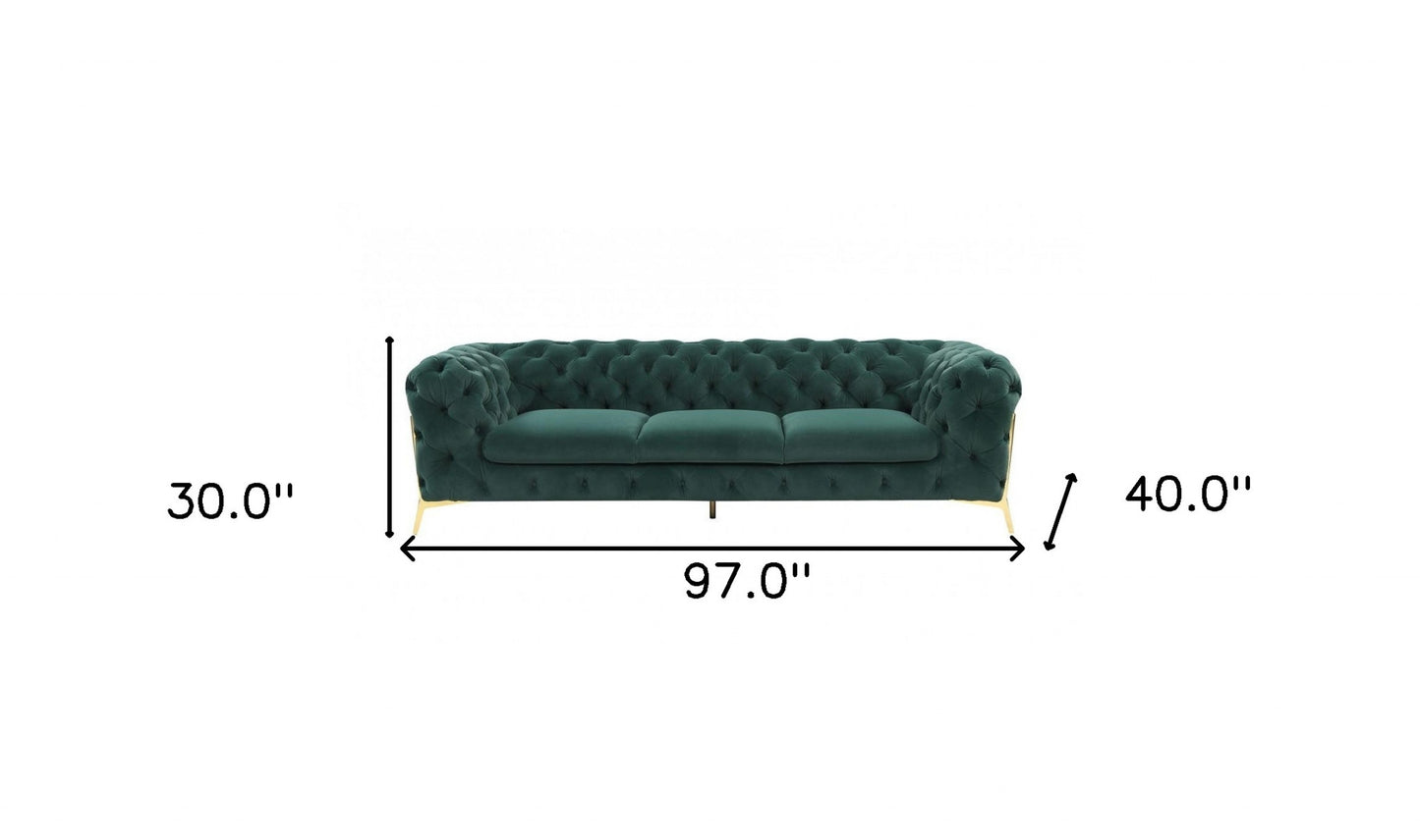 Glam 97" Green Velvet And Gold Accent Sofa-4