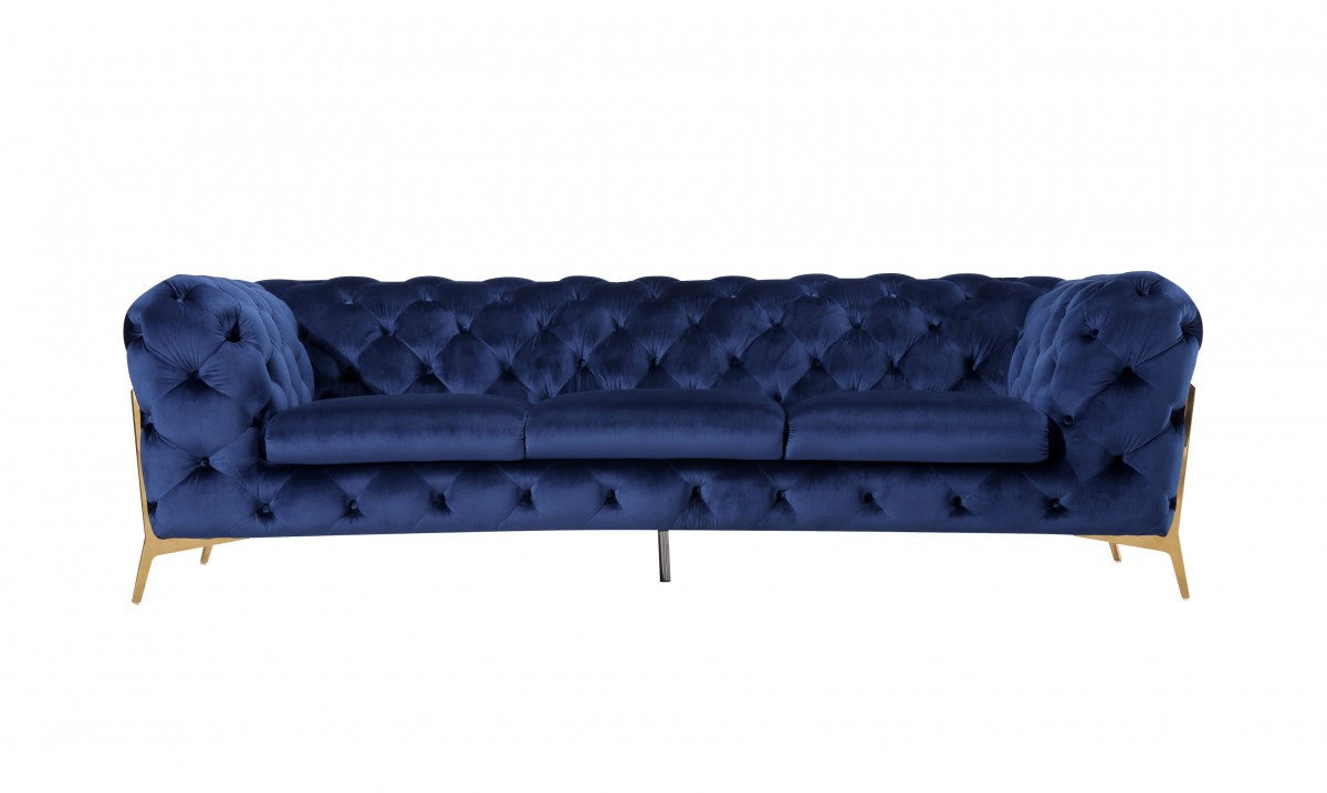 Contemporary 97" Blue Velvet And Gold Accent Sofa-0