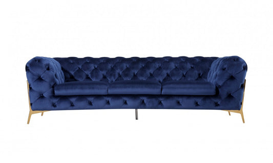 Contemporary 97" Blue Velvet And Gold Accent Sofa-0