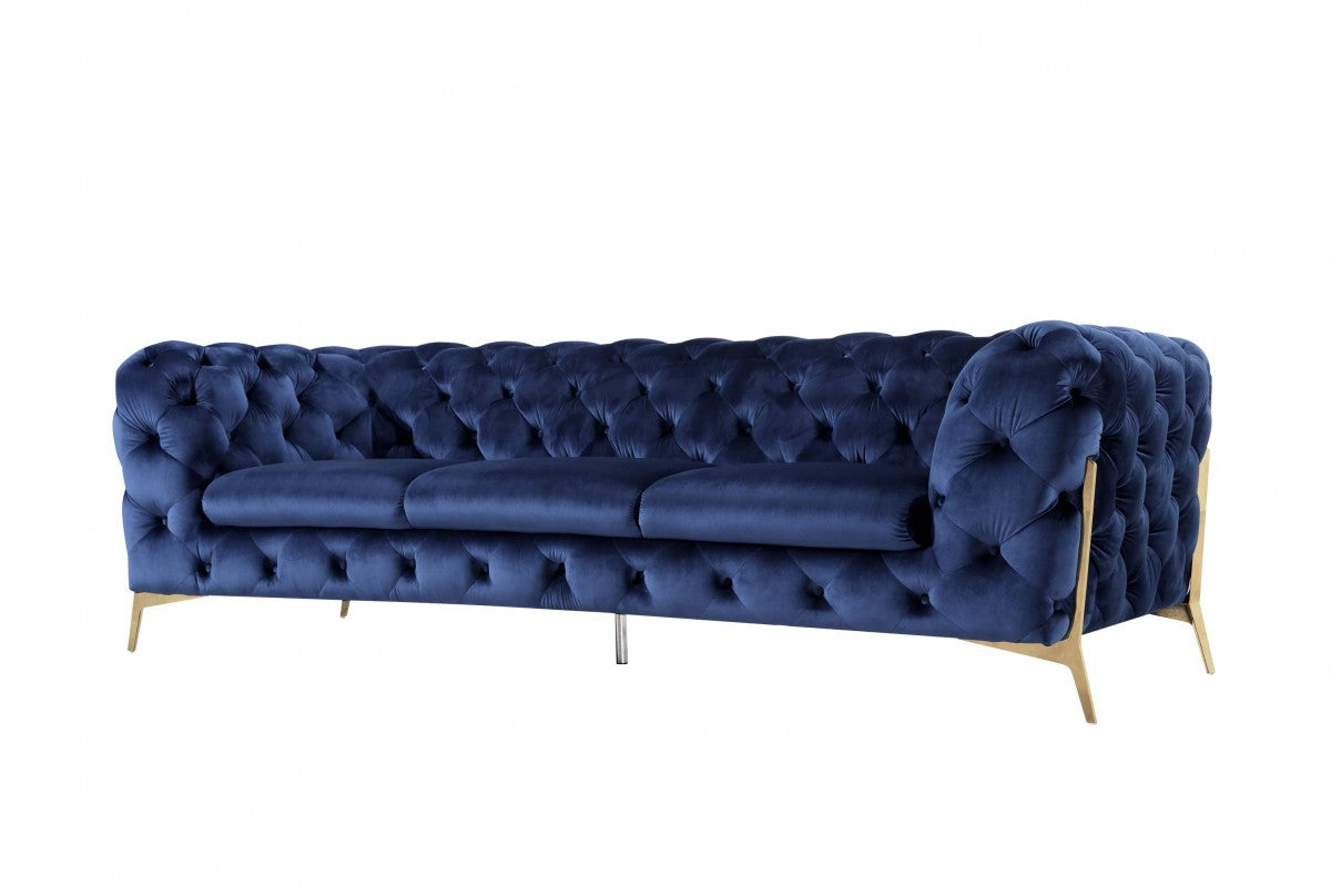 Contemporary 97" Blue Velvet And Gold Accent Sofa-1