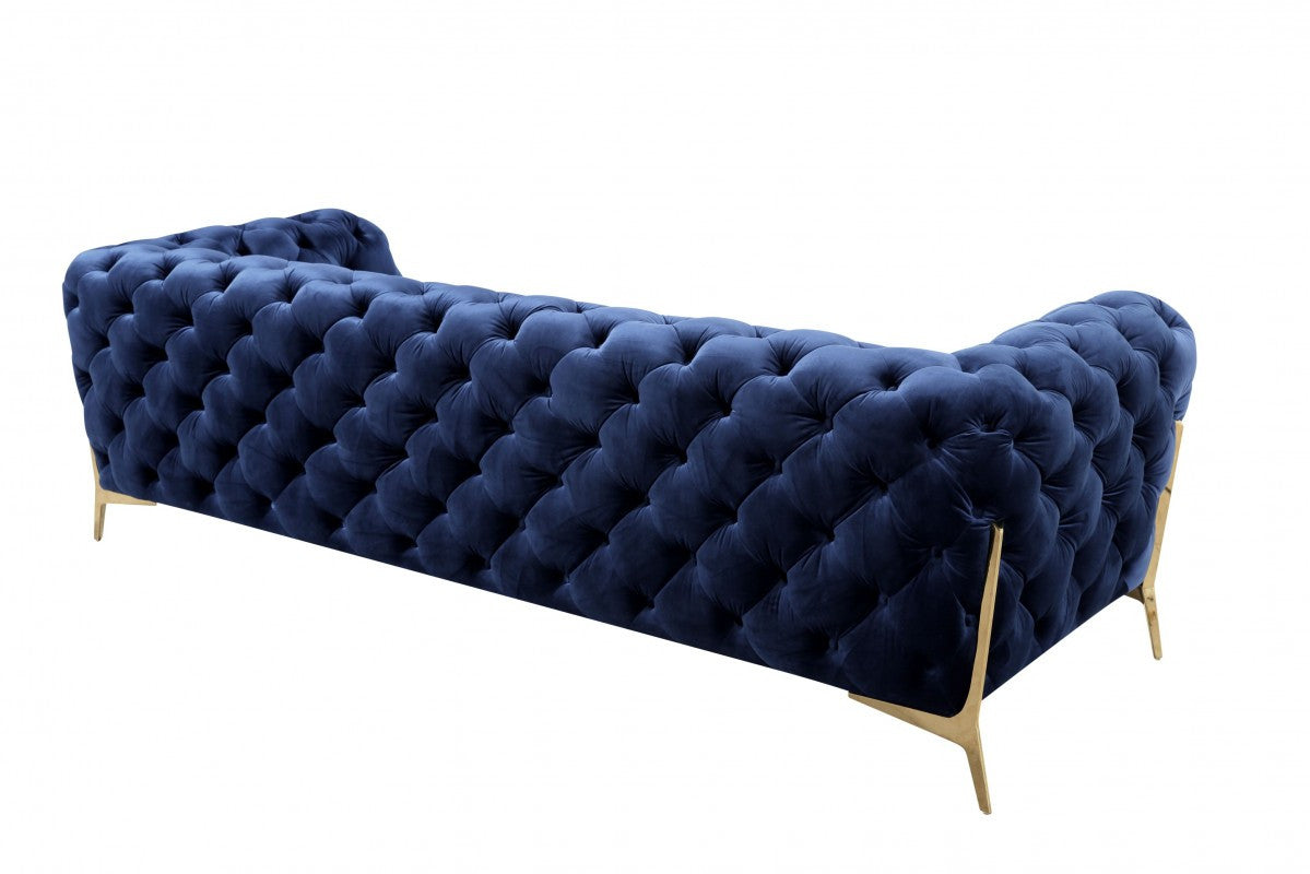 Contemporary 97" Blue Velvet And Gold Accent Sofa-2