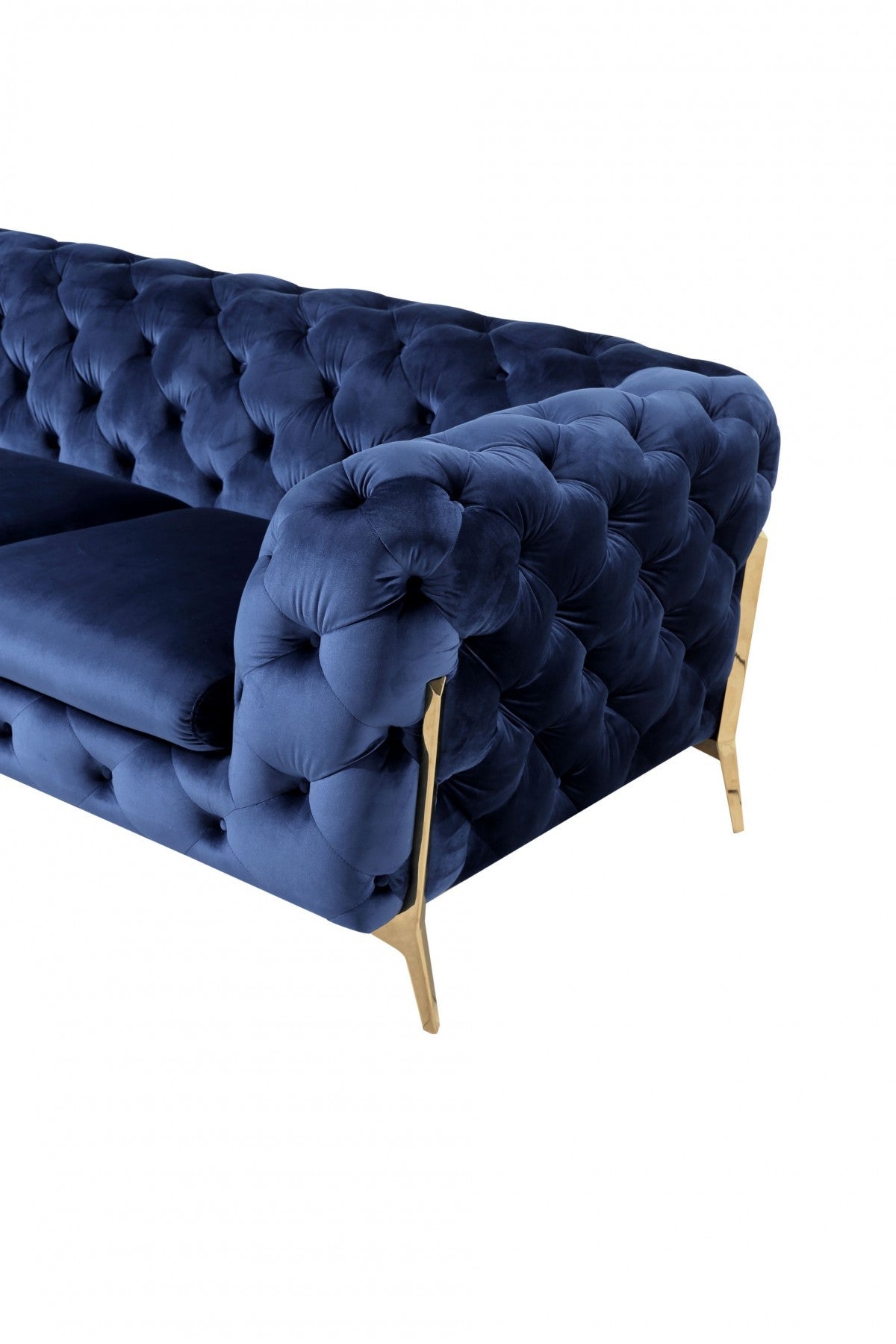 Contemporary 97" Blue Velvet And Gold Accent Sofa-3