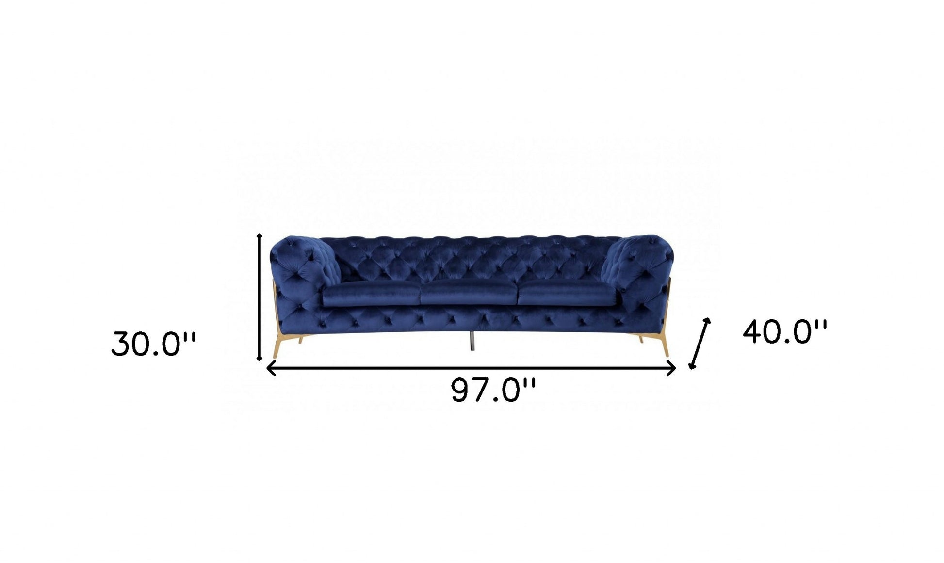 Contemporary 97" Blue Velvet And Gold Accent Sofa-4