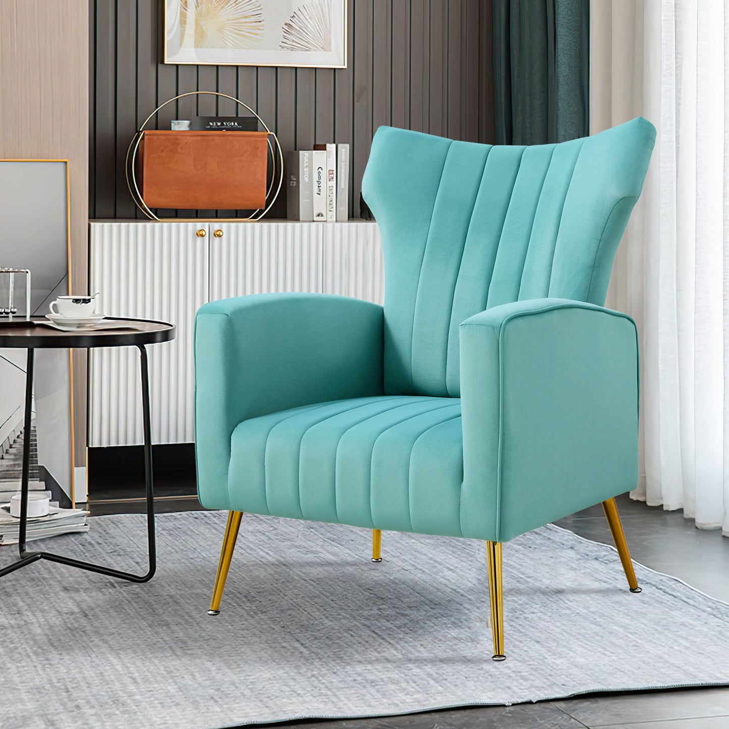 Modern Velvet Accent Chair with Arms, Wingback Reading Chair with Gold Metal Legs