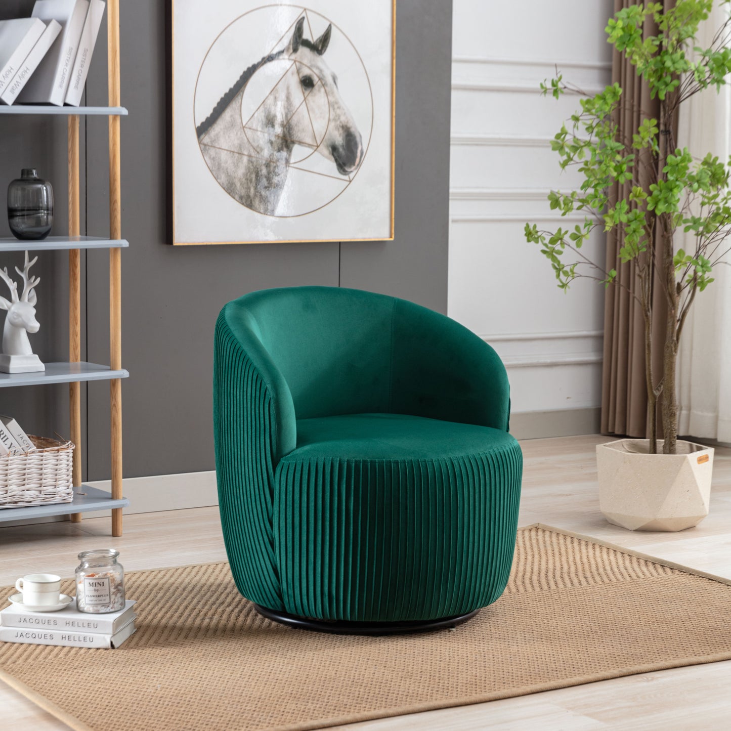 Velvet Fabric Swivel Accent Armchair Barrel Chair With Black Powder Coating Metal Ring,Green