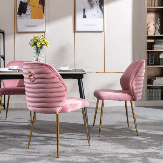 Dining Chair Set of 2, Woven Velvet Upholstered Side Chairs with Barrel Backrest and Gold Metal Legs, Pink