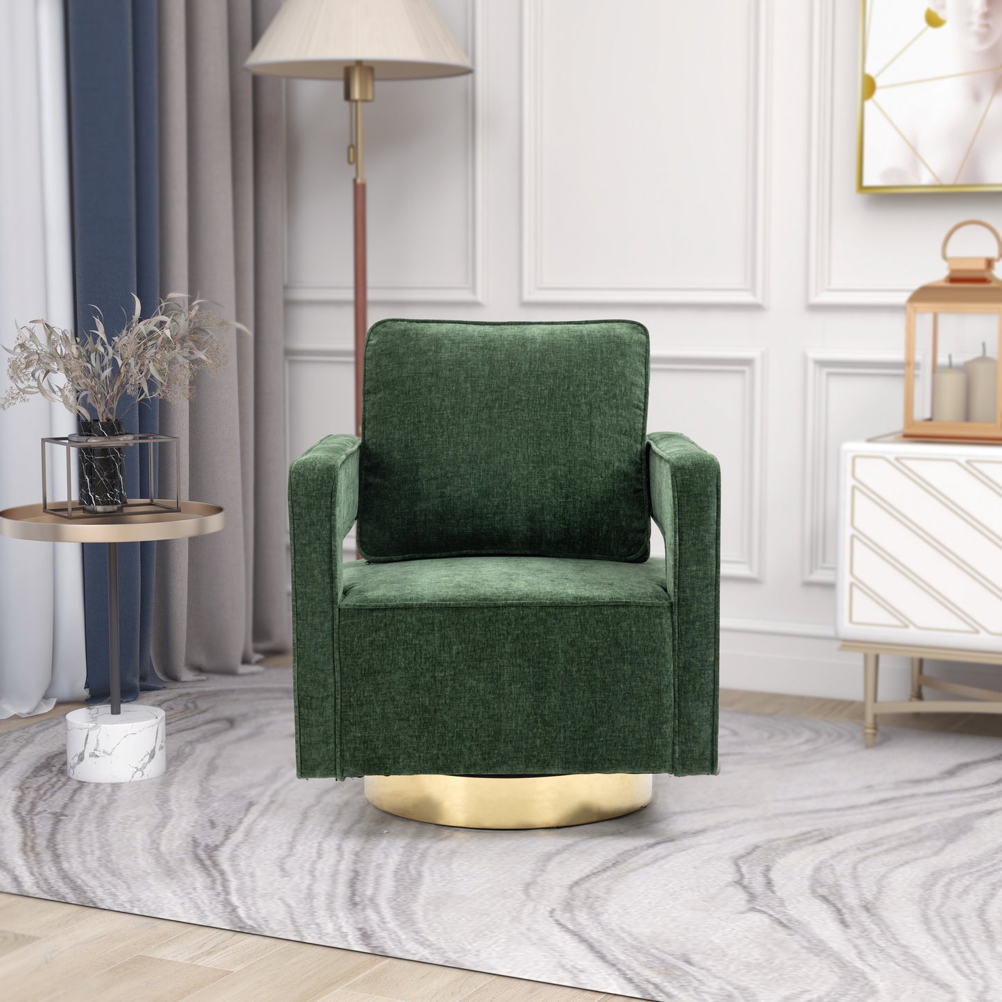 30.7"W Swivel Accent Open Back Chair Modern Comfy Sofa Chair With Gold Stainless Steel Base  (Green Chenille)