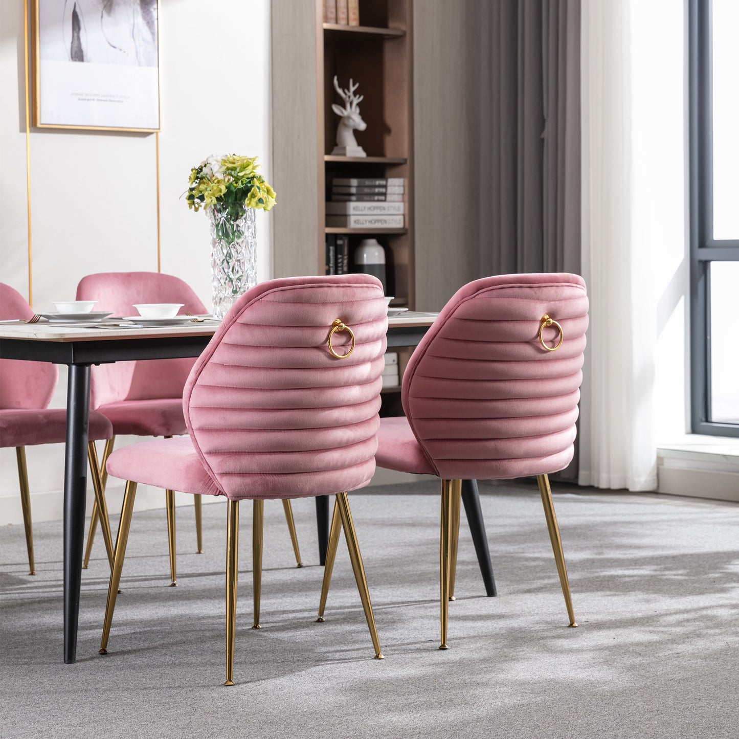 Dining Chair Set of 2, Woven Velvet Upholstered Side Chairs with Barrel Backrest and Gold Metal Legs, Pink