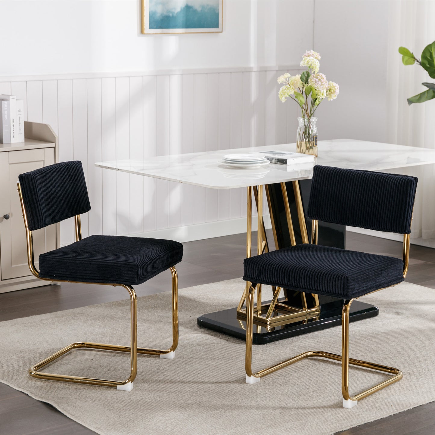 Dining Chairs with Corduroy Fabric, Gold Metal Base, Kitchen Chairs-Set of 2, Black