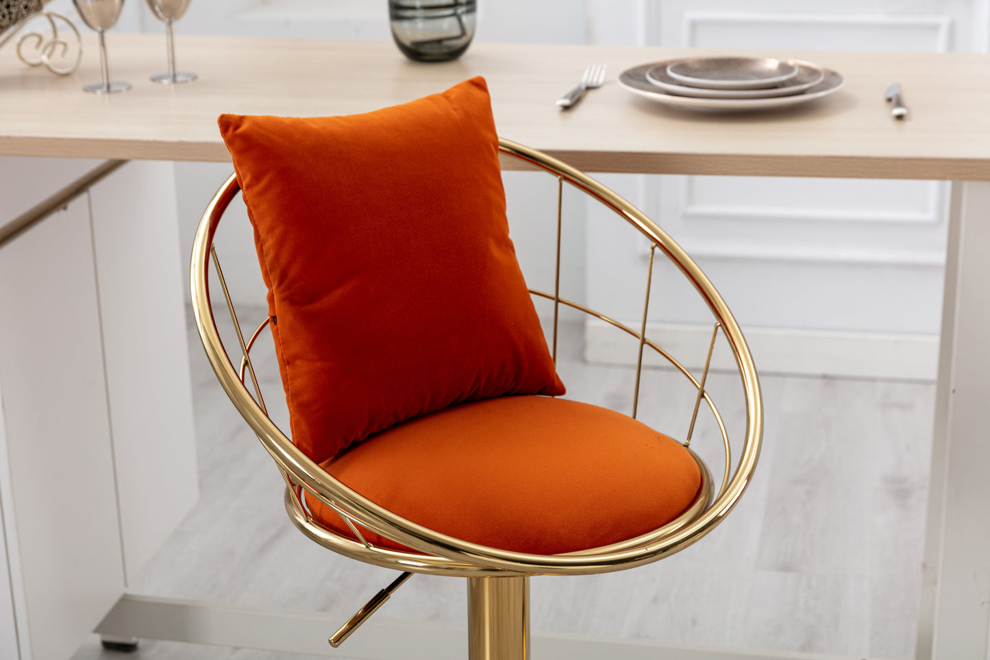 Orange velvet bar chair, pure gold plated