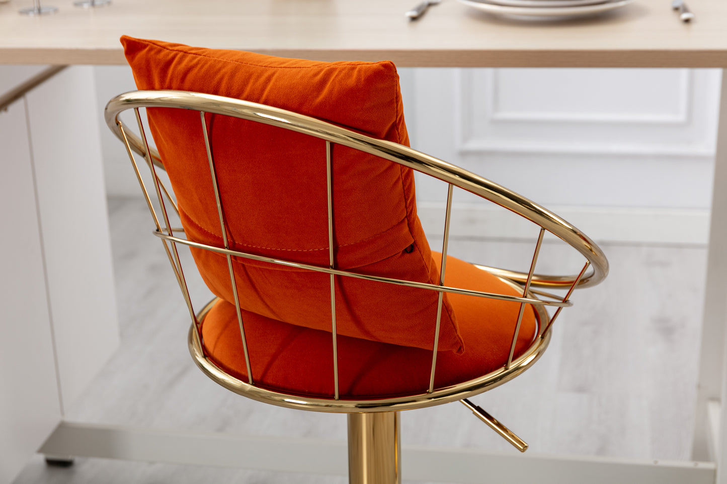 Orange velvet bar chair, pure gold plated