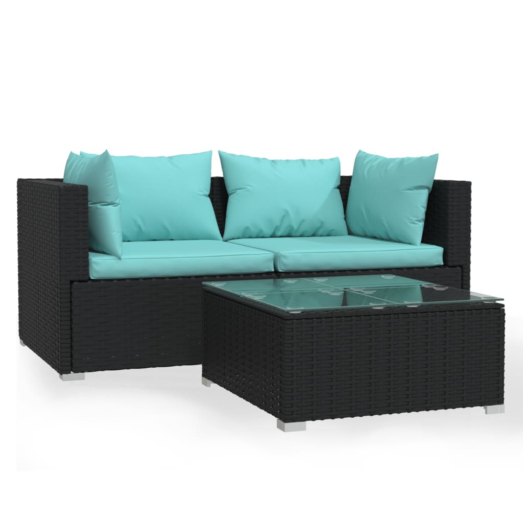 vidaXL 3 Piece Patio Lounge Set with Cushions Black Poly Rattan-0