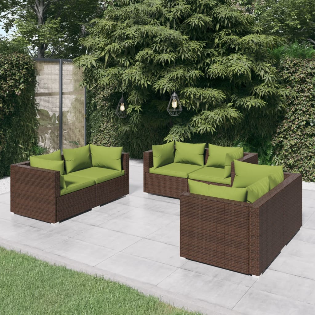 vidaXL 6 Piece Patio Lounge Set with Cushions Poly Rattan Brown-1