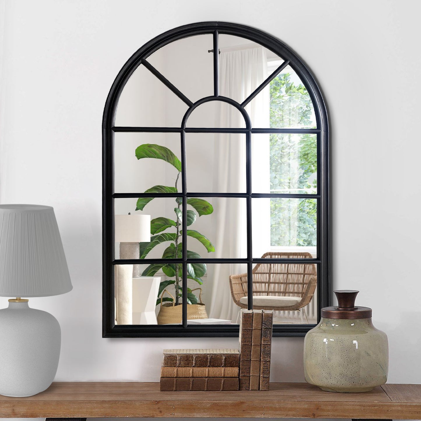 52 Inch Wood Wall Hanging Mirror, Window Pane Design, Arched Top, Black