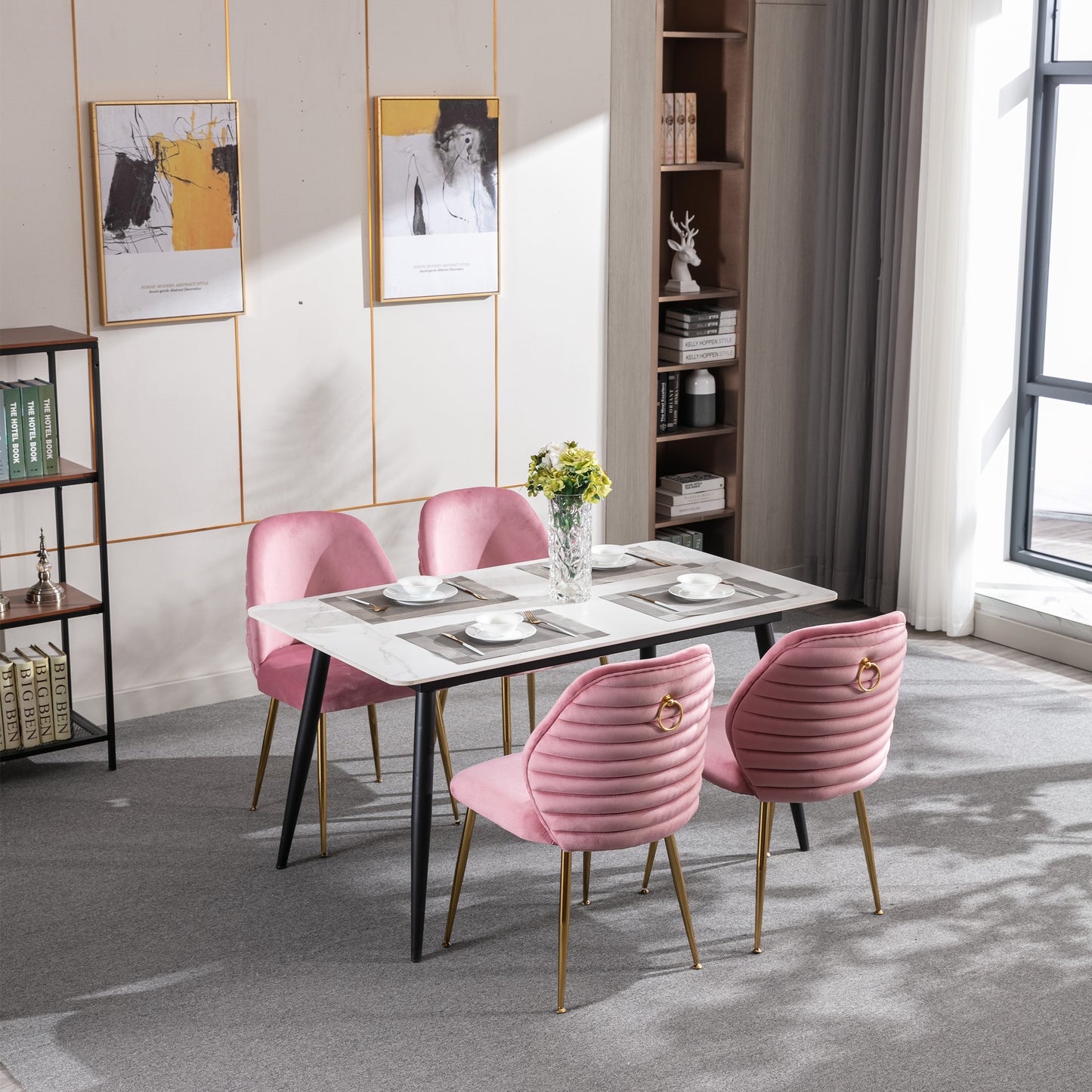 Dining Chair Set of 2, Woven Velvet Upholstered Side Chairs with Barrel Backrest and Gold Metal Legs, Pink