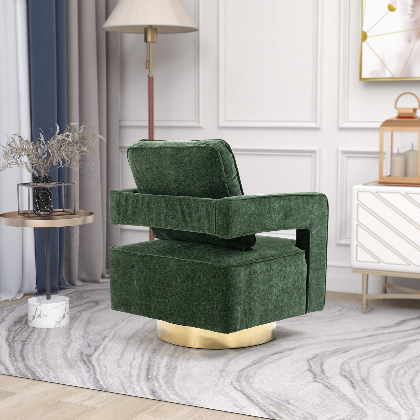 30.7"W Swivel Accent Open Back Chair Modern Comfy Sofa Chair With Gold Stainless Steel Base  (Green Chenille)