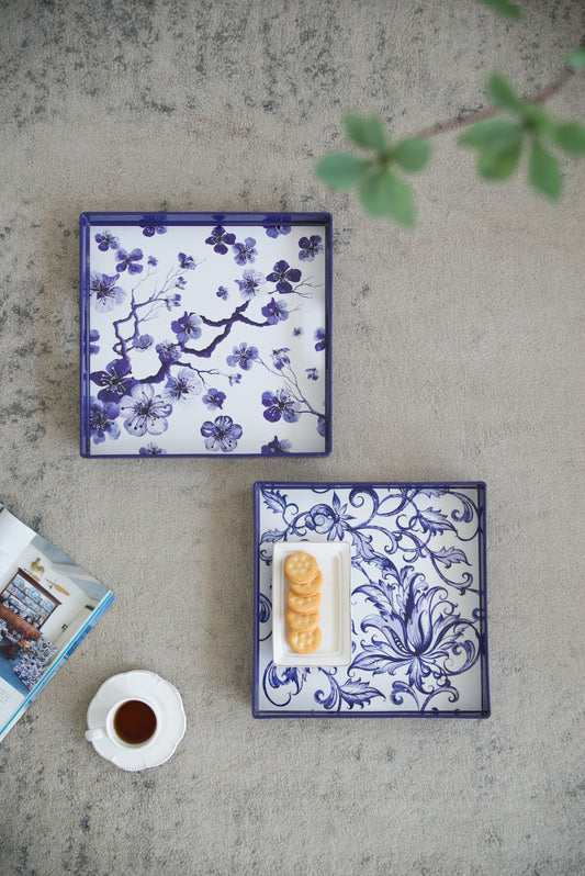 Set of 2 Decorative Trays with Floral Painting, Blue Serving Tray with Handles